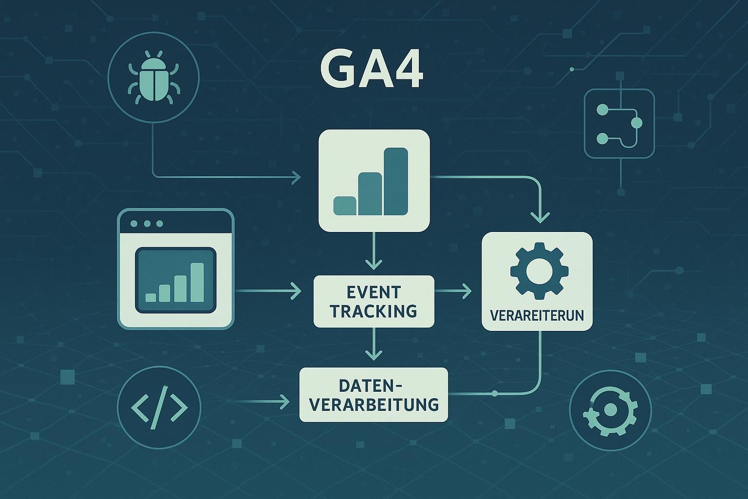 Schematisches Dashboard-Layout mit Datenflüssen, Icons für Debugging, APIs und Automatisierung, Hintergrund mit digitaler Netzwerklandschaft in Blau, Grün und Grautönen
