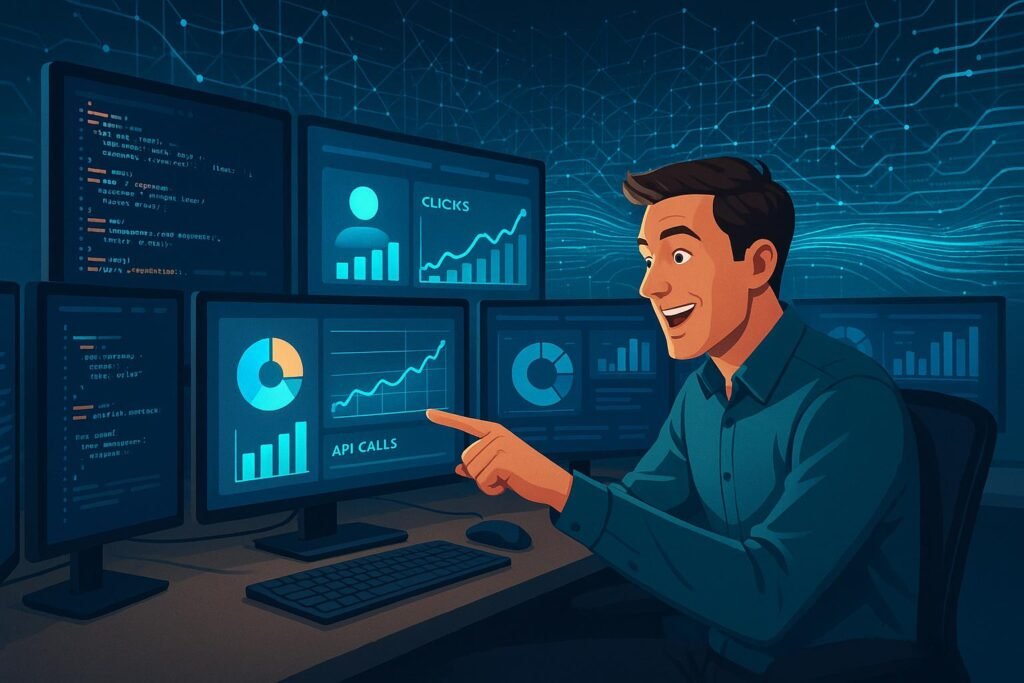 Enthusiastischer Marketer in einem modernen Büro mit Monitoren, Datenvisualisierungen und digitalen Netzwerken, symbolisiert Innovation und technologische Kompetenz.