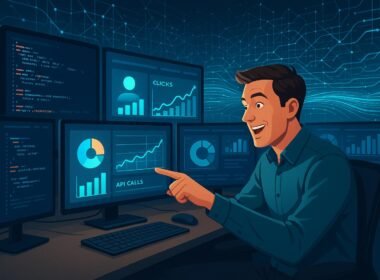 Enthusiastischer Marketer in einem modernen Büro mit Monitoren, Datenvisualisierungen und digitalen Netzwerken, symbolisiert Innovation und technologische Kompetenz.