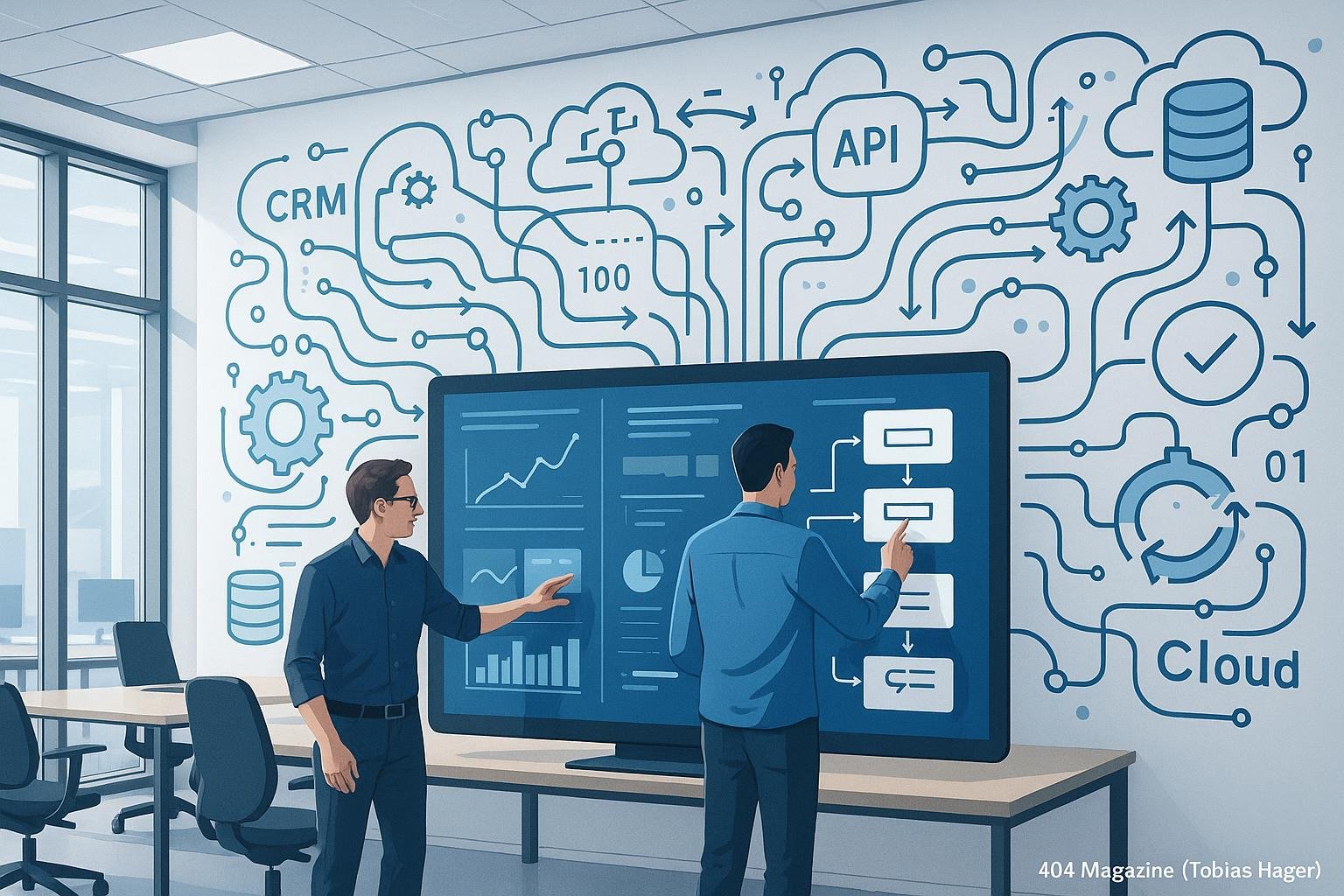 Modernes Büro mit automatisierten Prozessvisualisierungen und IT-Mitarbeitern, die an einem großen digitalen Bildschirm arbeiten, im Hintergrund eine Illustration mit API-, Datenfluss- und Cloud-Systemsymbolen.