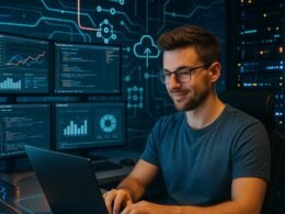 Futuristischer Kontrollraum mit Monitoren, Content-Creator an Laptop, leuchtenden LEDs und Server-Racks, digitaler Datenfluss und Icons im Hintergrund