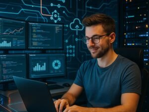 Futuristischer Kontrollraum mit Monitoren, Content-Creator an Laptop, leuchtenden LEDs und Server-Racks, digitaler Datenfluss und Icons im Hintergrund