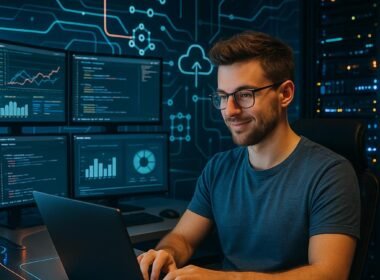 Futuristischer Kontrollraum mit Monitoren, Content-Creator an Laptop, leuchtenden LEDs und Server-Racks, digitaler Datenfluss und Icons im Hintergrund