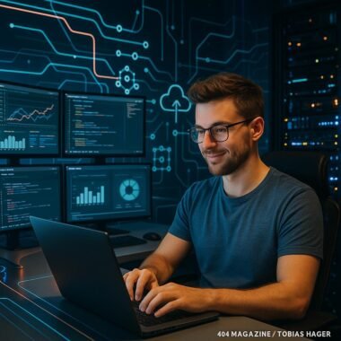 Futuristischer Kontrollraum mit Monitoren, Content-Creator an Laptop, leuchtenden LEDs und Server-Racks, digitaler Datenfluss und Icons im Hintergrund