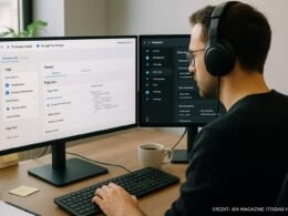 Entwickler mit Kopfhörer vor zwei Monitoren, die Google Tag Manager und GA4 DebugView anzeigen, im gut beleuchteten Büro mit Arbeitsmaterialien und Kaffee.