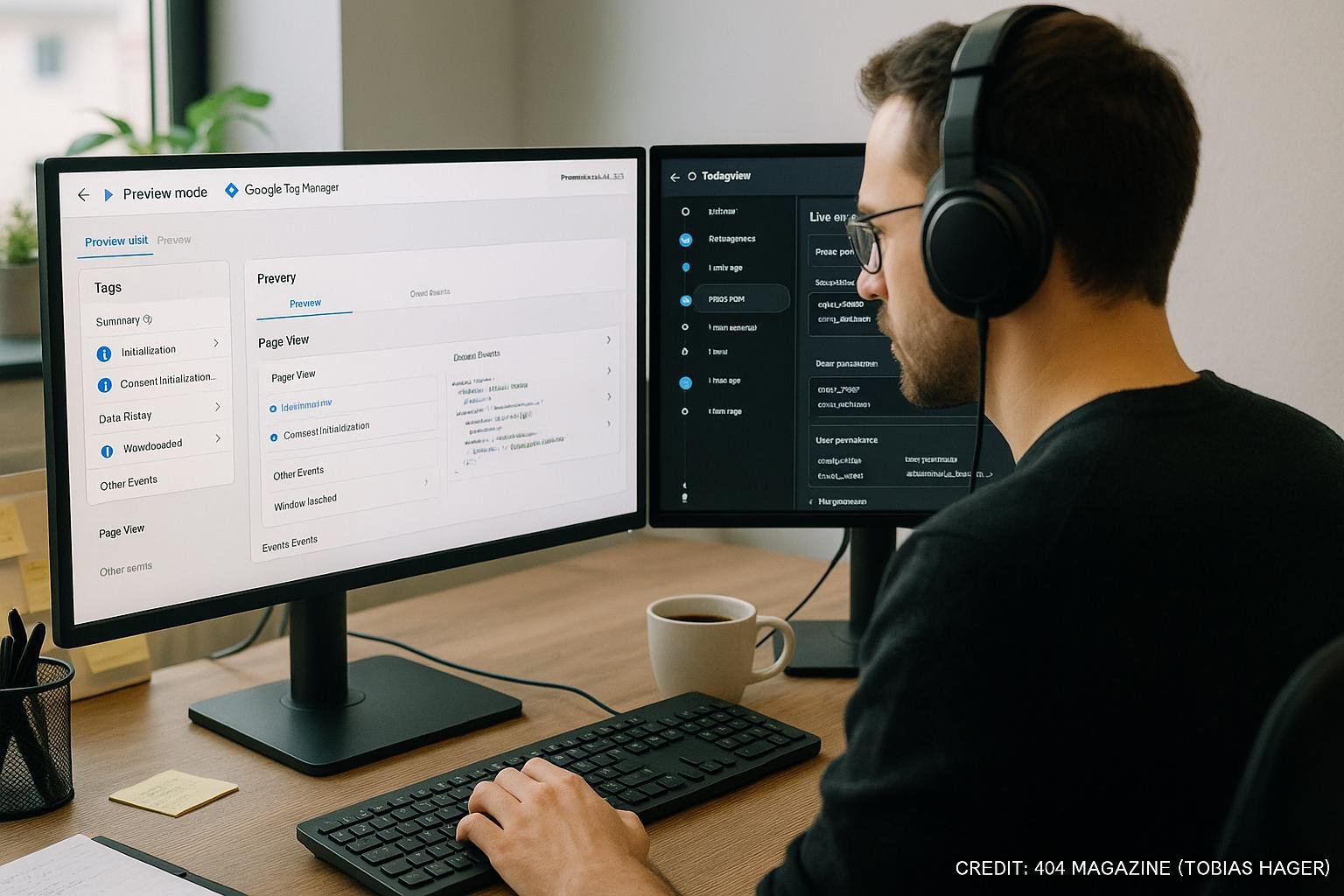 Entwickler mit Kopfhörer vor zwei Monitoren, die Google Tag Manager und GA4 DebugView anzeigen, im gut beleuchteten Büro mit Arbeitsmaterialien und Kaffee.
