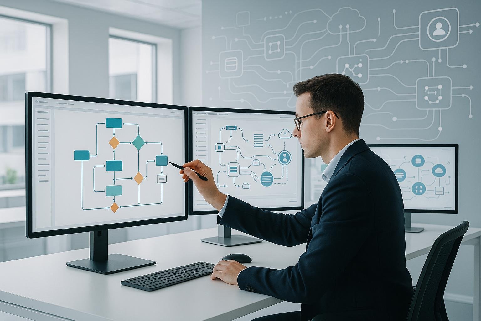 Person in Business-Kleidung, die an einem futuristischen Arbeitsplatz mit digitalen Bildschirmen Workflow anpasst, im Hintergrund vernetzte Systeme und Datenströme