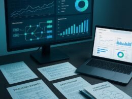 Modernes Arbeitsumfeld mit großen Bildschirm, Laptop mit Google Analytics 4 Dashboards und Dokumenten, symbolisiert datengetriebenes Marketing und technologische Innovationen.