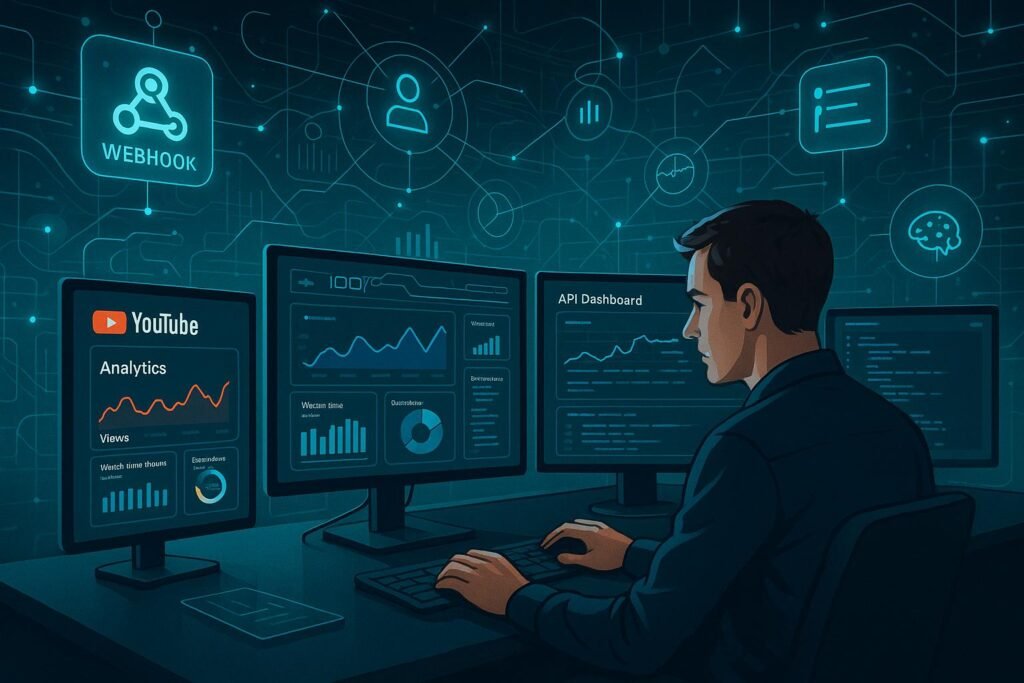 Futuristischer digitaler Arbeitsplatz mit holografischen Datenströmen, Analyse- und Automatisierungs-Interfaces, dargestellt mit einer fokussierten Person vor mehreren Bildschirmen.