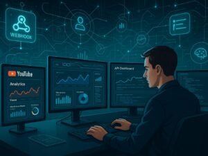 Futuristischer digitaler Arbeitsplatz mit holografischen Datenströmen, Analyse- und Automatisierungs-Interfaces, dargestellt mit einer fokussierten Person vor mehreren Bildschirmen.