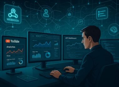 Futuristischer digitaler Arbeitsplatz mit holografischen Datenströmen, Analyse- und Automatisierungs-Interfaces, dargestellt mit einer fokussierten Person vor mehreren Bildschirmen.