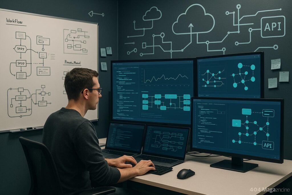 Modernes Arbeitsumfeld mit Bedienfeld, mehreren Bildschirmen, Whiteboards und Cloud-Symbolen, das Effizienz und technisches Know-how zeigt