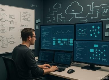 Modernes Arbeitsumfeld mit Bedienfeld, mehreren Bildschirmen, Whiteboards und Cloud-Symbolen, das Effizienz und technisches Know-how zeigt