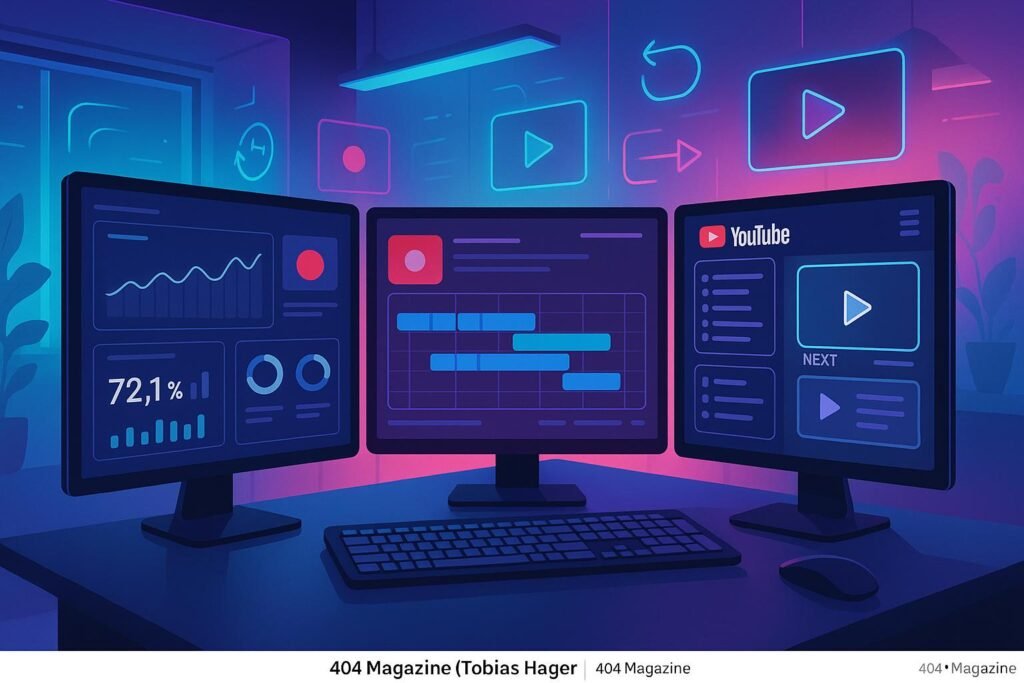 Ein stilvoller digitaler Arbeitsplatz mit mehreren Monitoren, die Analytik und YouTube-Content-Management zeigen, vor einem minimalistischen, neon-akzentuierten Hintergrund.