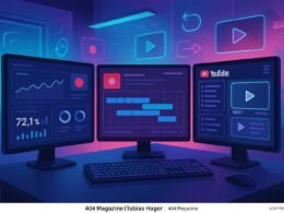 Ein stilvoller digitaler Arbeitsplatz mit mehreren Monitoren, die Analytik und YouTube-Content-Management zeigen, vor einem minimalistischen, neon-akzentuierten Hintergrund.