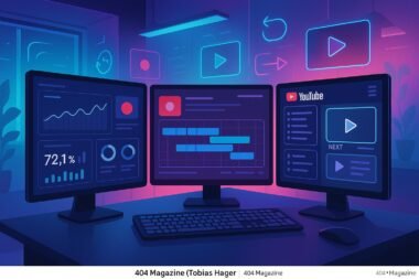 Ein stilvoller digitaler Arbeitsplatz mit mehreren Monitoren, die Analytik und YouTube-Content-Management zeigen, vor einem minimalistischen, neon-akzentuierten Hintergrund.