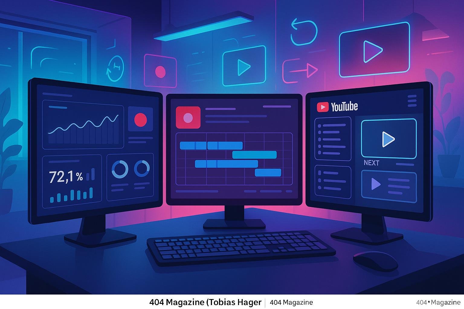 Ein stilvoller digitaler Arbeitsplatz mit mehreren Monitoren, die Analytik und YouTube-Content-Management zeigen, vor einem minimalistischen, neon-akzentuierten Hintergrund.