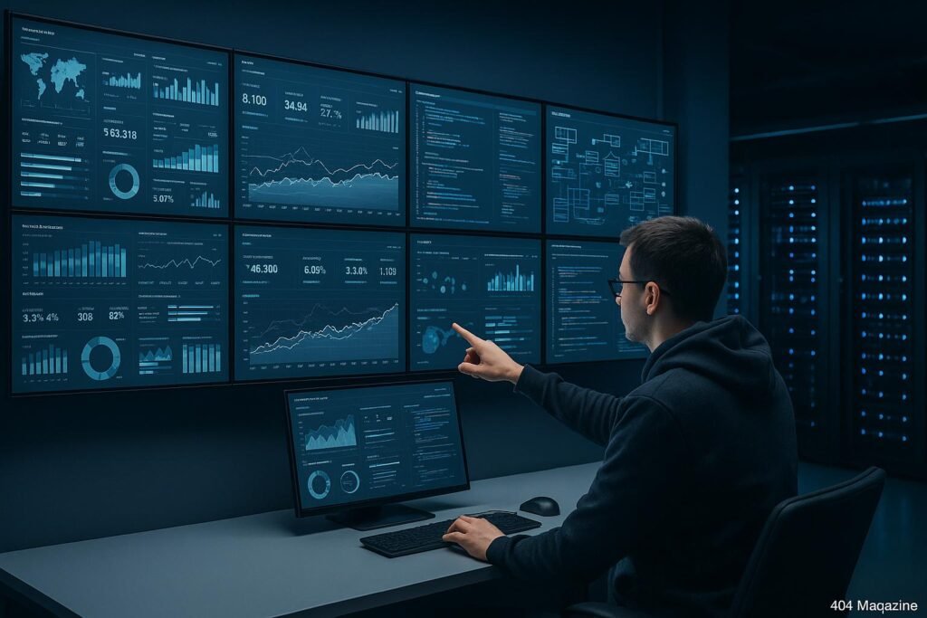 Digitales Kontrollzentrum mit großen Bildschirmen, Datenvisualisierungen, Servern und einem Data-Analysten in dunklem Hoodie, der auf den Bildschirm zeigt, in kühlblauen Tönen. Credit: 404 Magazine (Tobias Hager)
