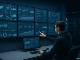 Digitales Kontrollzentrum mit großen Bildschirmen, Datenvisualisierungen, Servern und einem Data-Analysten in dunklem Hoodie, der auf den Bildschirm zeigt, in kühlblauen Tönen. Credit: 404 Magazine (Tobias Hager)