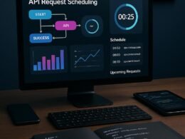 Moderner digitaler Arbeitsplatz mit Monitor, Smartphone, Tablet und Notizbuch mit Code, Digitaluhr im Hintergrund – Symbol für Automatisierung und Zeitmanagement