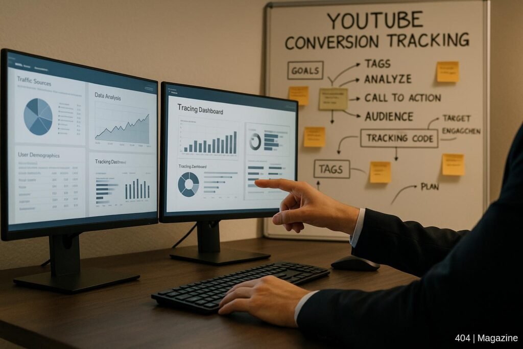 Modernes Büro mit mehreren Bildschirmen, Analyst zeigt auf Bildschirm, Wandtafel mit Notizen zu YouTube-Tracking im Hintergrund, warme Beleuchtung, technischer Fortschritt, digitales Marketing