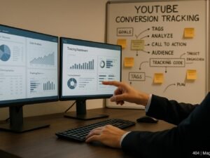 Modernes Büro mit mehreren Bildschirmen, Analyst zeigt auf Bildschirm, Wandtafel mit Notizen zu YouTube-Tracking im Hintergrund, warme Beleuchtung, technischer Fortschritt, digitales Marketing