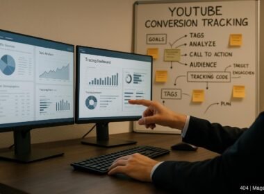 Modernes Büro mit mehreren Bildschirmen, Analyst zeigt auf Bildschirm, Wandtafel mit Notizen zu YouTube-Tracking im Hintergrund, warme Beleuchtung, technischer Fortschritt, digitales Marketing