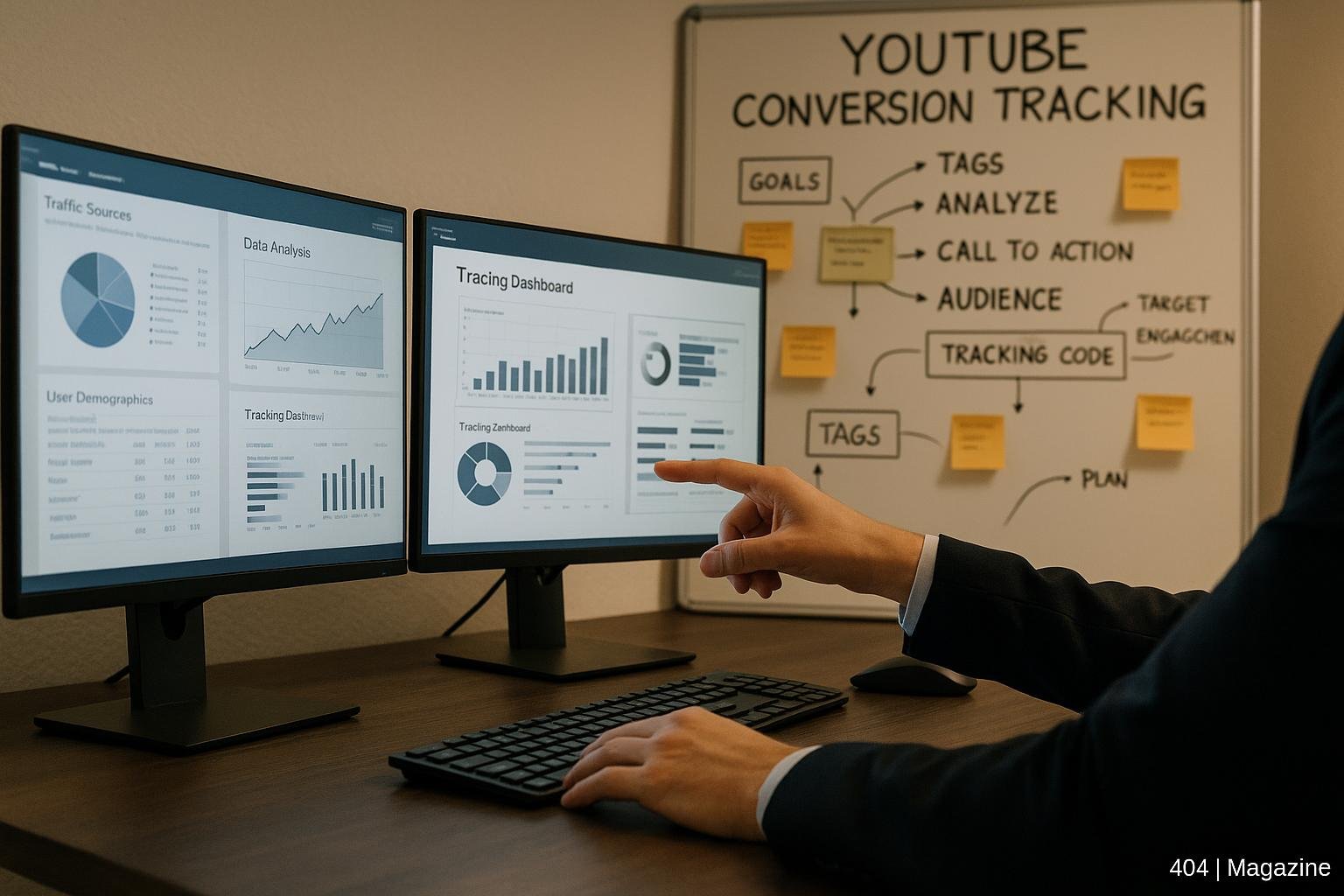 Modernes Büro mit mehreren Bildschirmen, Analyst zeigt auf Bildschirm, Wandtafel mit Notizen zu YouTube-Tracking im Hintergrund, warme Beleuchtung, technischer Fortschritt, digitales Marketing