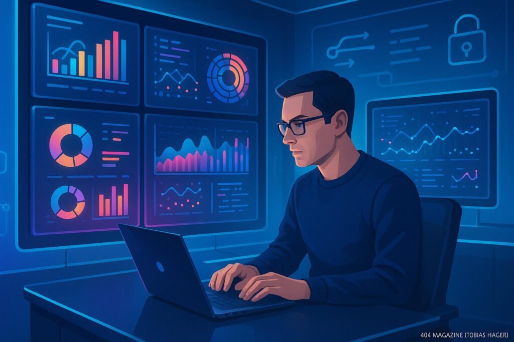 Moderatorischer, futuristischer Computerraum mit leuchtenden Datenvisualisierungen und Analyst, Tobias Hager, 404 Magazine