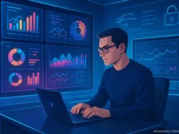 Moderatorischer, futuristischer Computerraum mit leuchtenden Datenvisualisierungen und Analyst, Tobias Hager, 404 Magazine