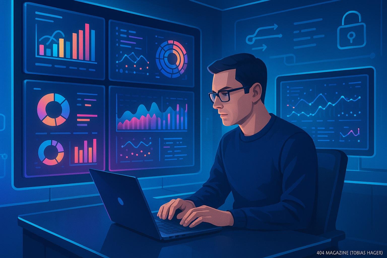 Moderatorischer, futuristischer Computerraum mit leuchtenden Datenvisualisierungen und Analyst, Tobias Hager, 404 Magazine