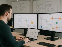 Modernes Büro mit mehreren Bildschirmen, auf denen farblich gekennzeichnete Automatisierungswege und Entscheidungsbäume in Zapier dargestellt sind, mit einem Entwickler am Laptop im Vordergrund.