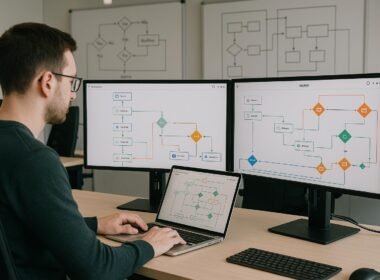 Modernes Büro mit mehreren Bildschirmen, auf denen farblich gekennzeichnete Automatisierungswege und Entscheidungsbäume in Zapier dargestellt sind, mit einem Entwickler am Laptop im Vordergrund.