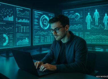 Futuristischer Kontrollraum mit großen Bildschirmen, Datenvisualisierungen und einem Technikprofi vor Laptop, im Hintergrund holografische Darstellungen. Credit: 404 Magazine (Tobias Hager)