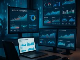 Modernes Arbeitsumfeld mit großen Bildschirmen, die Datenvisualisierungen und Marketingmetriken zeigen, umgehend durch digitale Elemente und freundliche Beleuchtung.