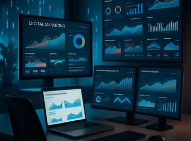 Modernes Arbeitsumfeld mit großen Bildschirmen, die Datenvisualisierungen und Marketingmetriken zeigen, umgehend durch digitale Elemente und freundliche Beleuchtung.