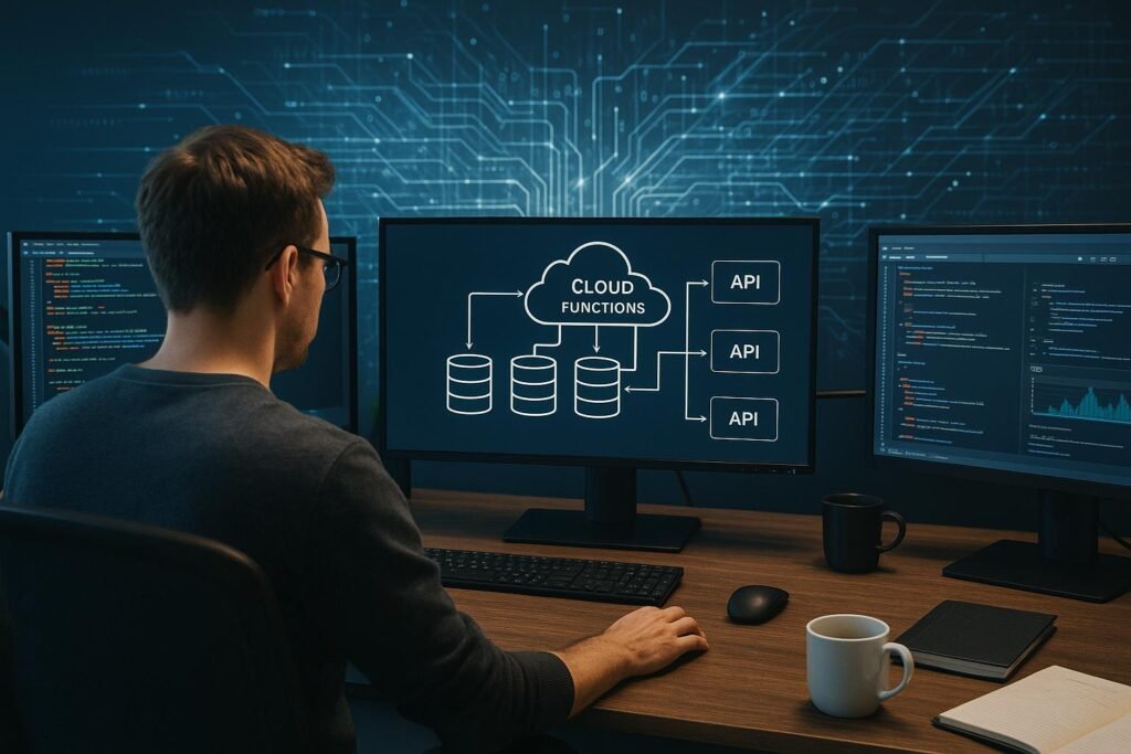 Arbeitsplatz mit mehreren Monitoren, die Cloud-Architektur, Code und API-Integrationen anzeigen, umgeben von technischen Geräten und Notizbüchern