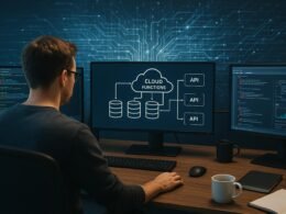 Arbeitsplatz mit mehreren Monitoren, die Cloud-Architektur, Code und API-Integrationen anzeigen, umgeben von technischen Geräten und Notizbüchern