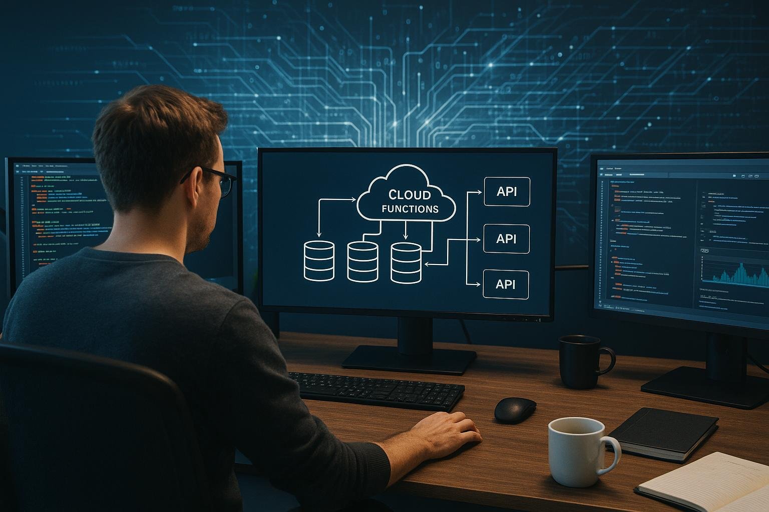 Arbeitsplatz mit mehreren Monitoren, die Cloud-Architektur, Code und API-Integrationen anzeigen, umgeben von technischen Geräten und Notizbüchern