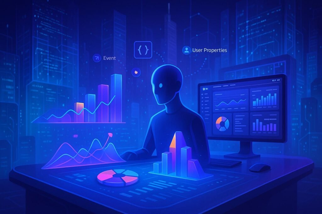 Futuristischer Arbeitsraum mit holographischen Datenvisualisierungen, 3D-Diagrammen und digitalem Assistenten, im Hintergrund transparente Gebäude mit Code-Datenströmen und Netzwerkverbindungen.