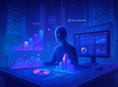 Futuristischer Arbeitsraum mit holographischen Datenvisualisierungen, 3D-Diagrammen und digitalem Assistenten, im Hintergrund transparente Gebäude mit Code-Datenströmen und Netzwerkverbindungen.