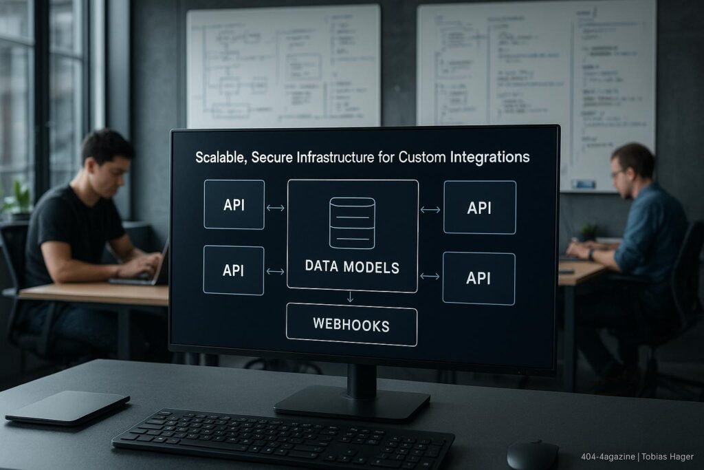 Moderner Arbeitsplatz mit großem digitalen Screen, der eine Software-Architektur mit APIs, Datenmodellen und Webhooks zeigt, im Hintergrund Entwickler in einem technischen Büro