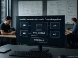 Moderner Arbeitsplatz mit großem digitalen Screen, der eine Software-Architektur mit APIs, Datenmodellen und Webhooks zeigt, im Hintergrund Entwickler in einem technischen Büro