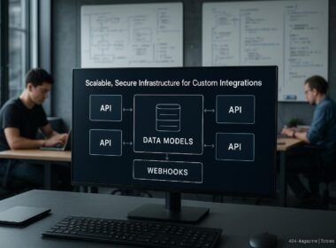 Moderner Arbeitsplatz mit großem digitalen Screen, der eine Software-Architektur mit APIs, Datenmodellen und Webhooks zeigt, im Hintergrund Entwickler in einem technischen Büro