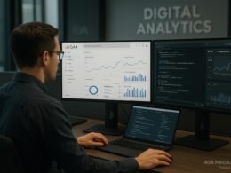 Professioneller Digital Marketing Analyst sitzend am Arbeitsplatz mit großen Monitoren, die komplexe GA4-Dashboards, Diagramme und Code zeigen, im modernen Büro mit subtilem Branding.