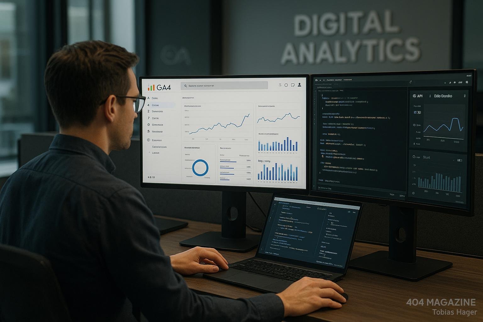 Professioneller Digital Marketing Analyst sitzend am Arbeitsplatz mit großen Monitoren, die komplexe GA4-Dashboards, Diagramme und Code zeigen, im modernen Büro mit subtilem Branding.