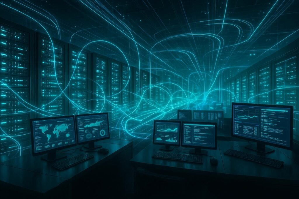 Hochmoderner digitaler Kontrollraum mit holographischen Datenströmen, leuchtenden Servern und Dashboards, die die Überwachung von Datenpipelines visualisieren, im futuristischen Ambiente mit blauen und grünen Akzenten.