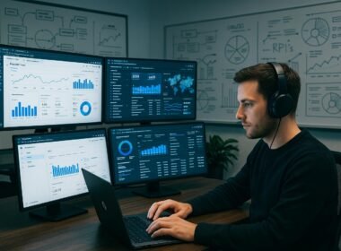 Analyst im modernen Digital-Analytics-Büro mit mehreren Monitoren und Whiteboards, arbeitet konzentriert am Laptop. Hell erleuchteter Raum mit Data-Visualisierungen in Echtzeit. Credit: 404 Magazine (Tobias Hager).