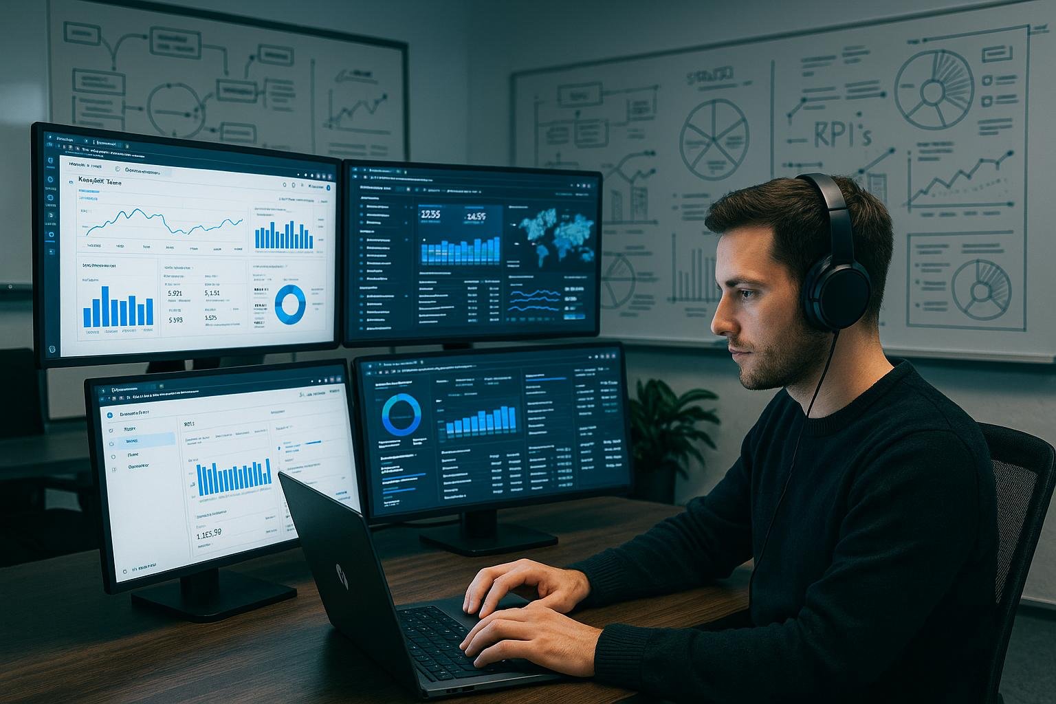 Analyst im modernen Digital-Analytics-Büro mit mehreren Monitoren und Whiteboards, arbeitet konzentriert am Laptop. Hell erleuchteter Raum mit Data-Visualisierungen in Echtzeit. Credit: 404 Magazine (Tobias Hager).