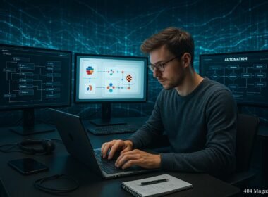 Person in casualer Kleidung arbeitet an futuristischem Arbeitsplatz mit Monitoren, die Automatisierungsprozesse und Datenströme zeigen, umgeben von technischen Gadgets und Notizen. Im Hintergrund digitales Netzwerk.